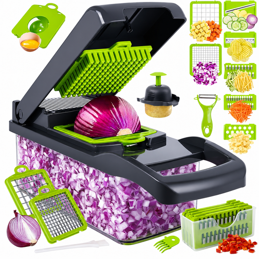 Vegetable chopper with chopped red onion in its container, shown with interchangeable blades