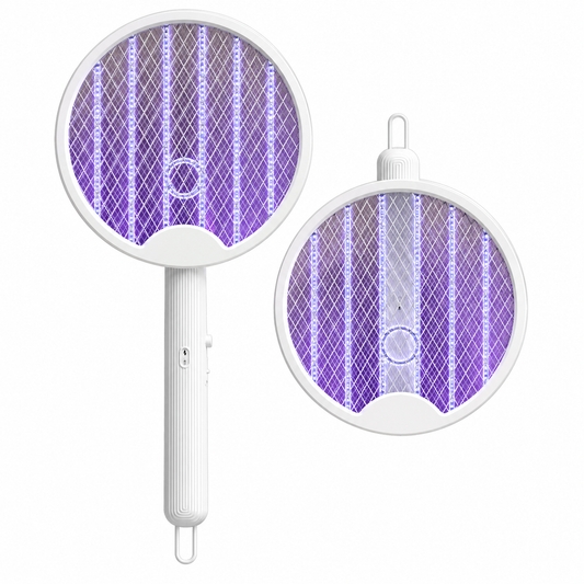 White folding rechargeable mosquito racket shown open and folded