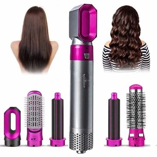 5-in-1 hair styler and dryer brush set in grey and pink with five attachments – Sublalo