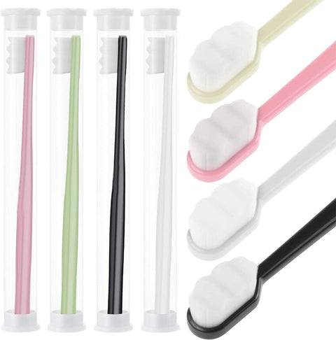 Extra soft nano toothbrushes in pink, green, black and white with clear travel cases – Sublalo