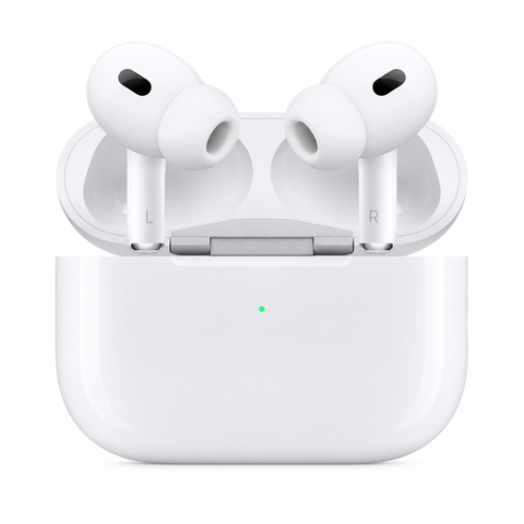 White wireless earbuds sitting in an open white charging case