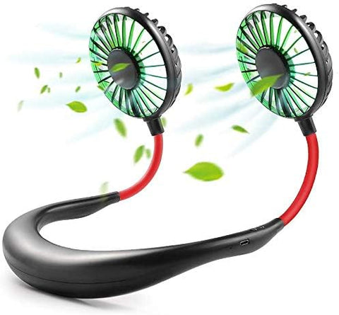 Black hands-free neck fan with two small fans on a flexible band