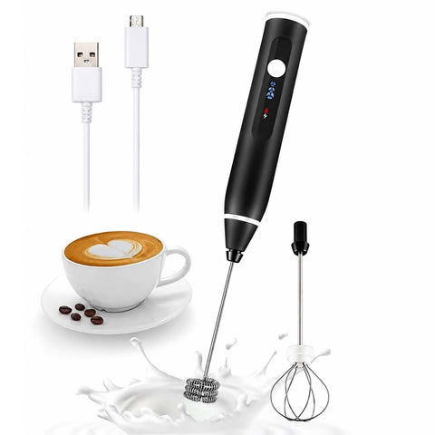 Black USB rechargeable electric milk frother with two whisk heads and a cup of coffee – Sublalo